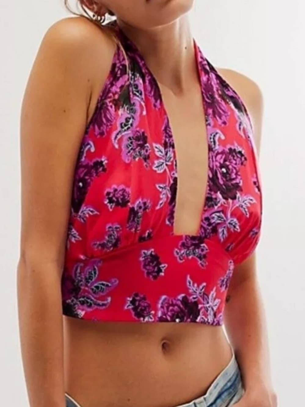 Free People Summer in Sicily Crop Blouse with Pink Pattern Trim - Thumbnail 3