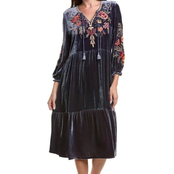 Johnny Was Embroidered Velvet Midi Dress - Blue - Thumbnail 11