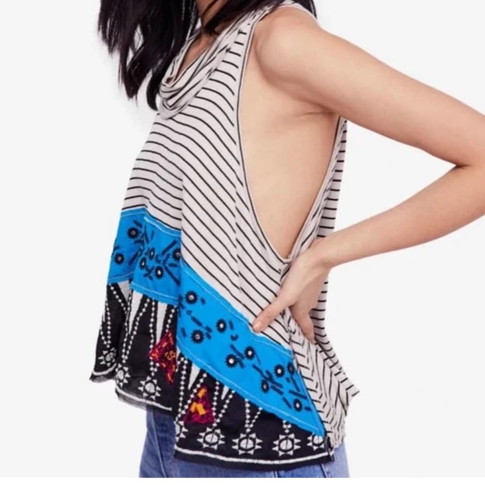 Free People We The Free Striped Tank Top with Blue and Black Accents medium - Thumbnail 2