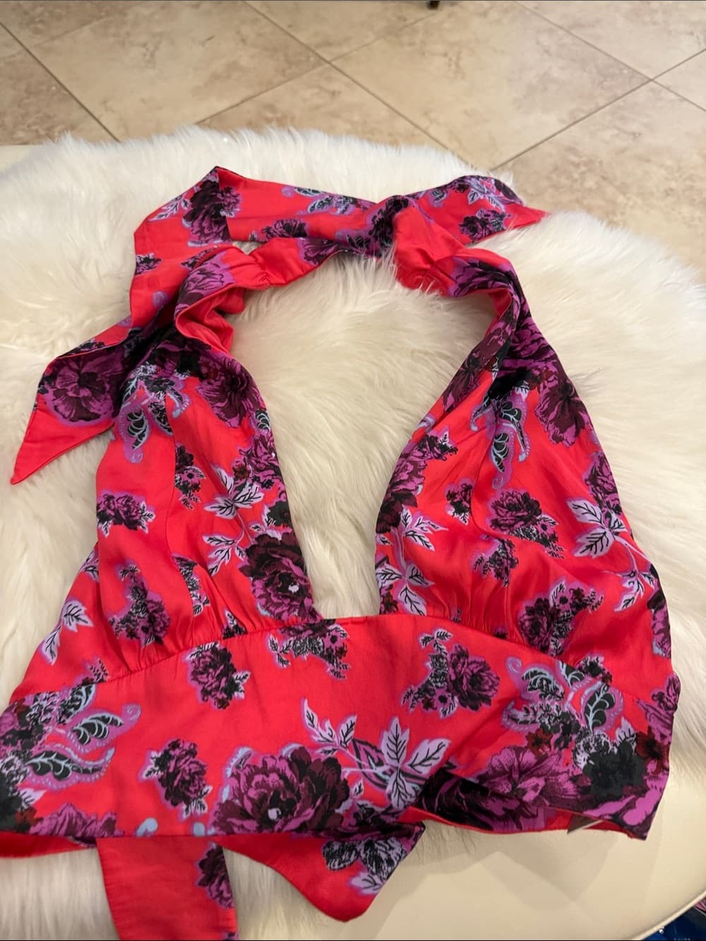 Free People Summer in Sicily Crop Blouse with Pink Pattern Trim