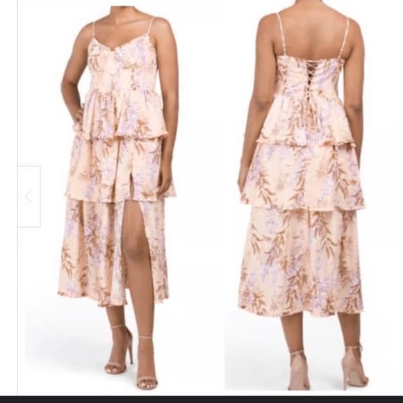 House of Harlow 1960 Floral Tiered Midi Dress in Cream and Purple medium - Thumbnail 6