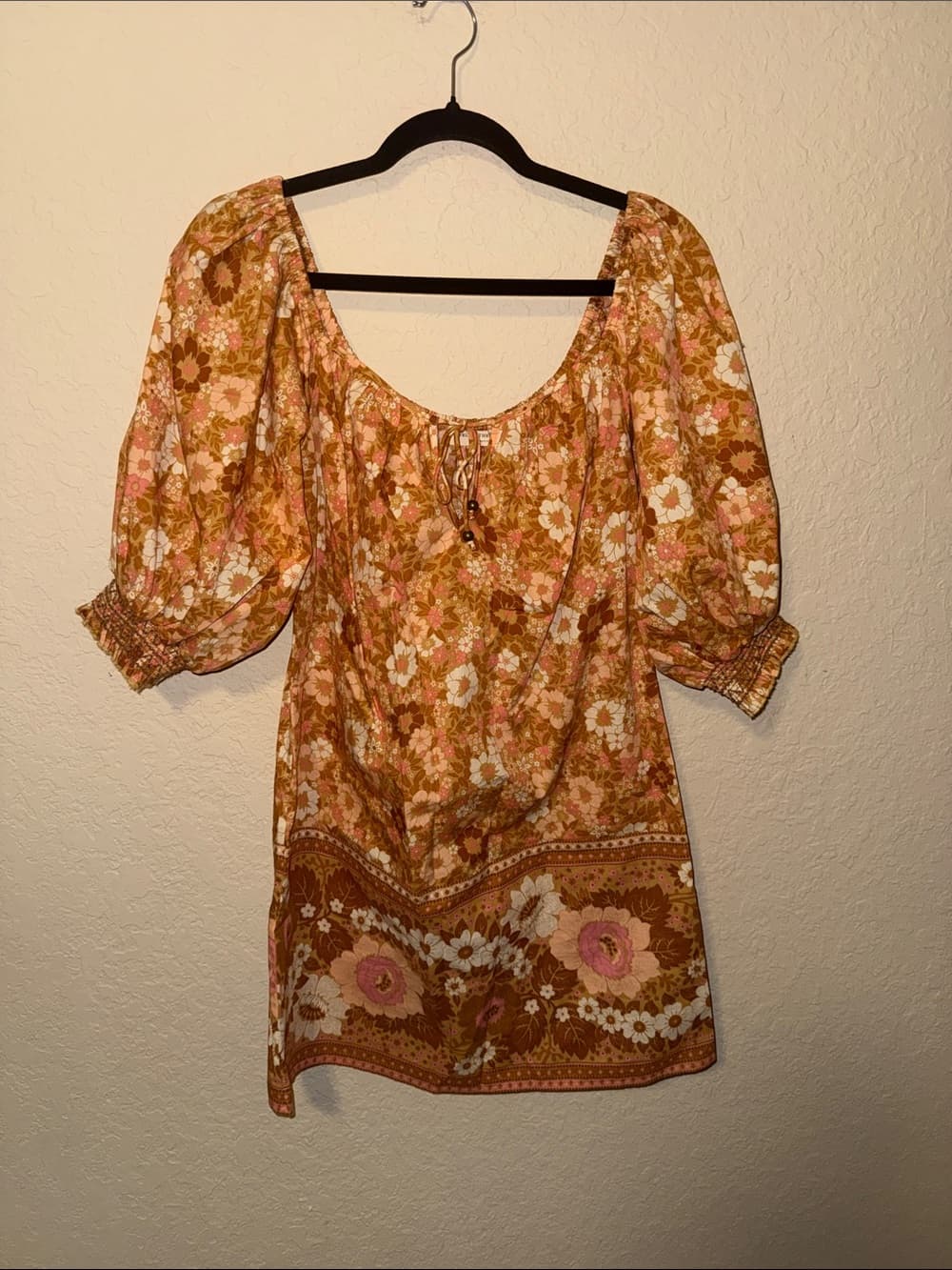 Spell Floral Tie-Front Mustard Yellow & Pink Anne off shoulder tunic dress s
