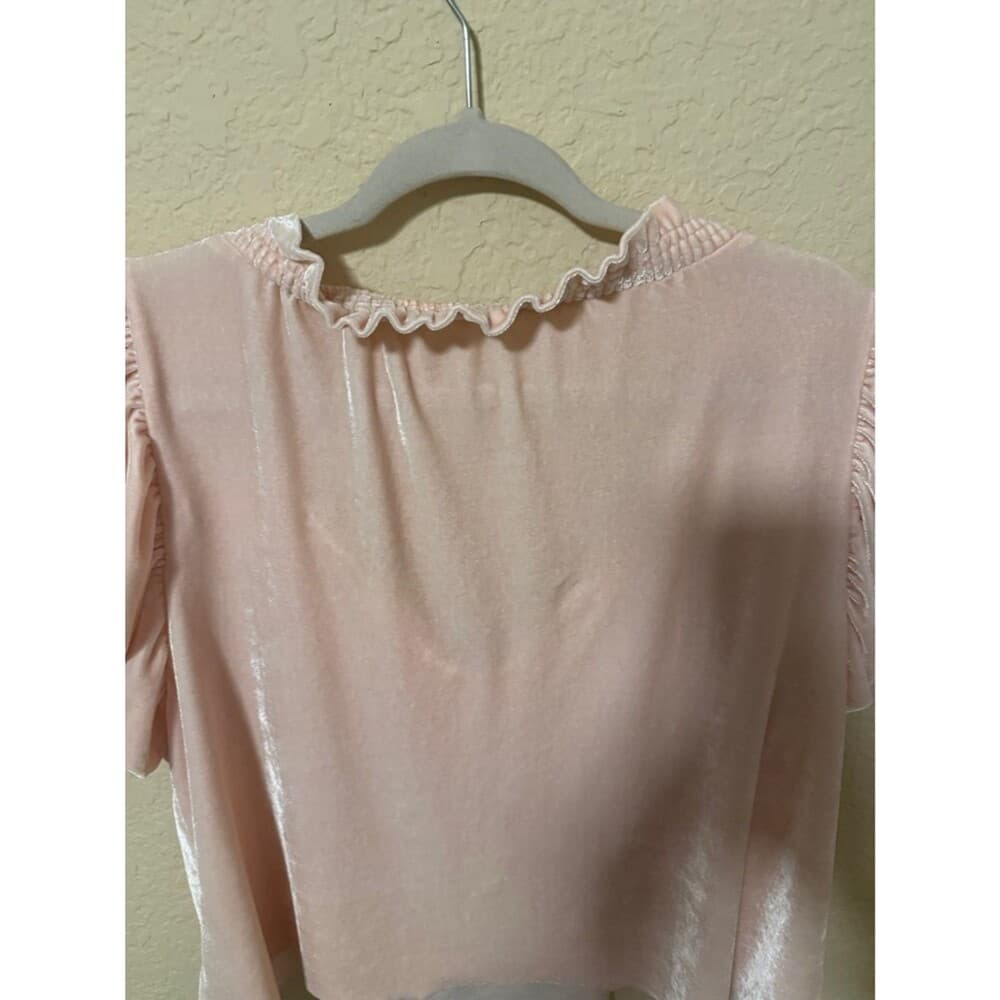 Free People Blush Pink Velvet Ruffle Tie-Neck Blouse - Thumbnail 3