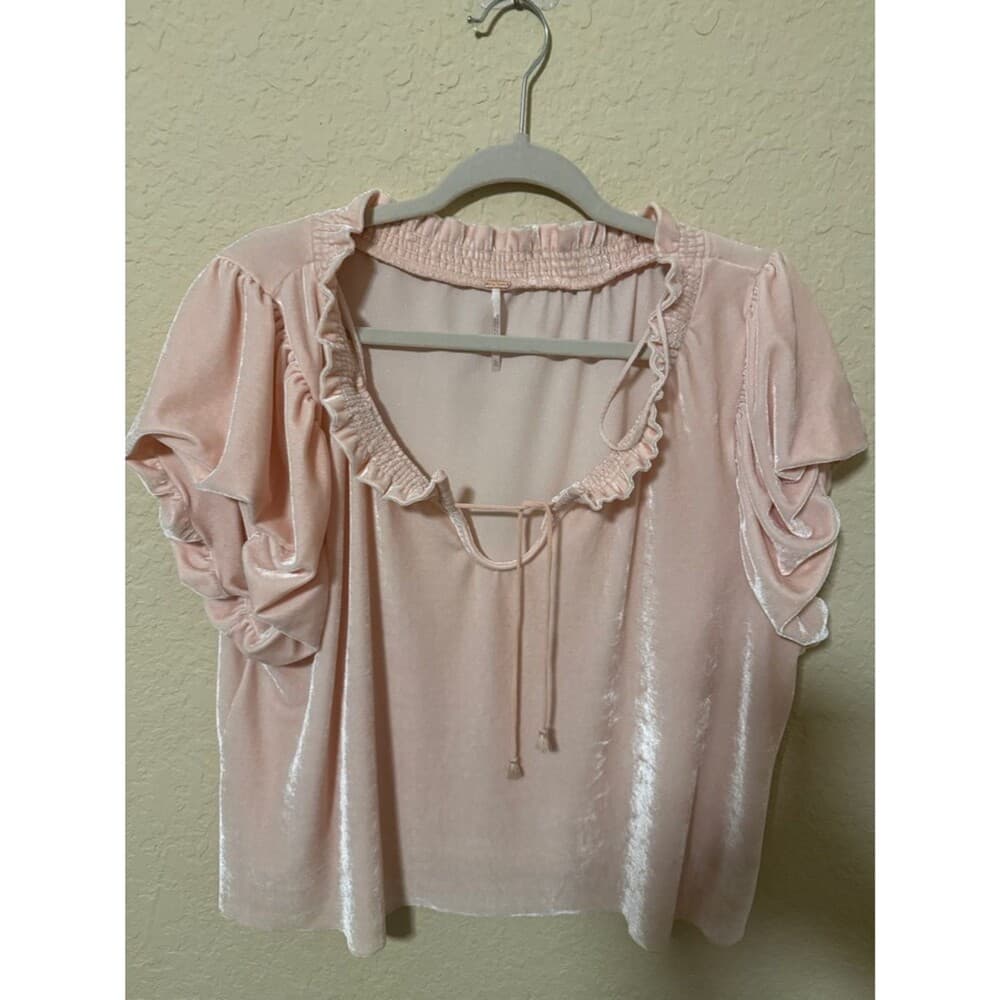 Free People Blush Pink Velvet Ruffle Tie-Neck Blouse