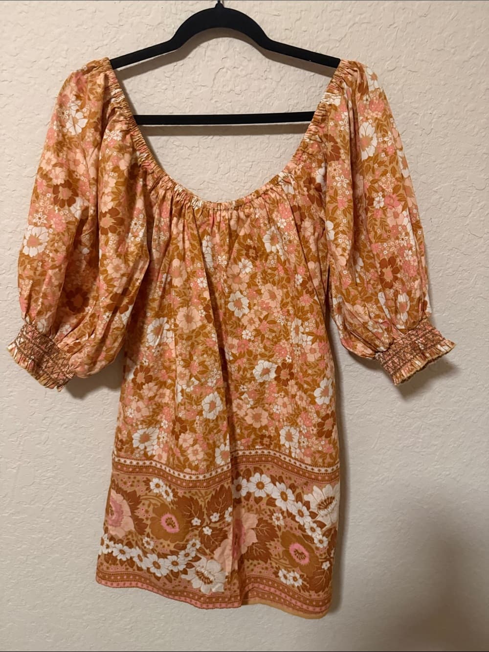 Spell Floral Tie-Front Mustard Yellow & Pink Anne off shoulder tunic dress s - Thumbnail 3