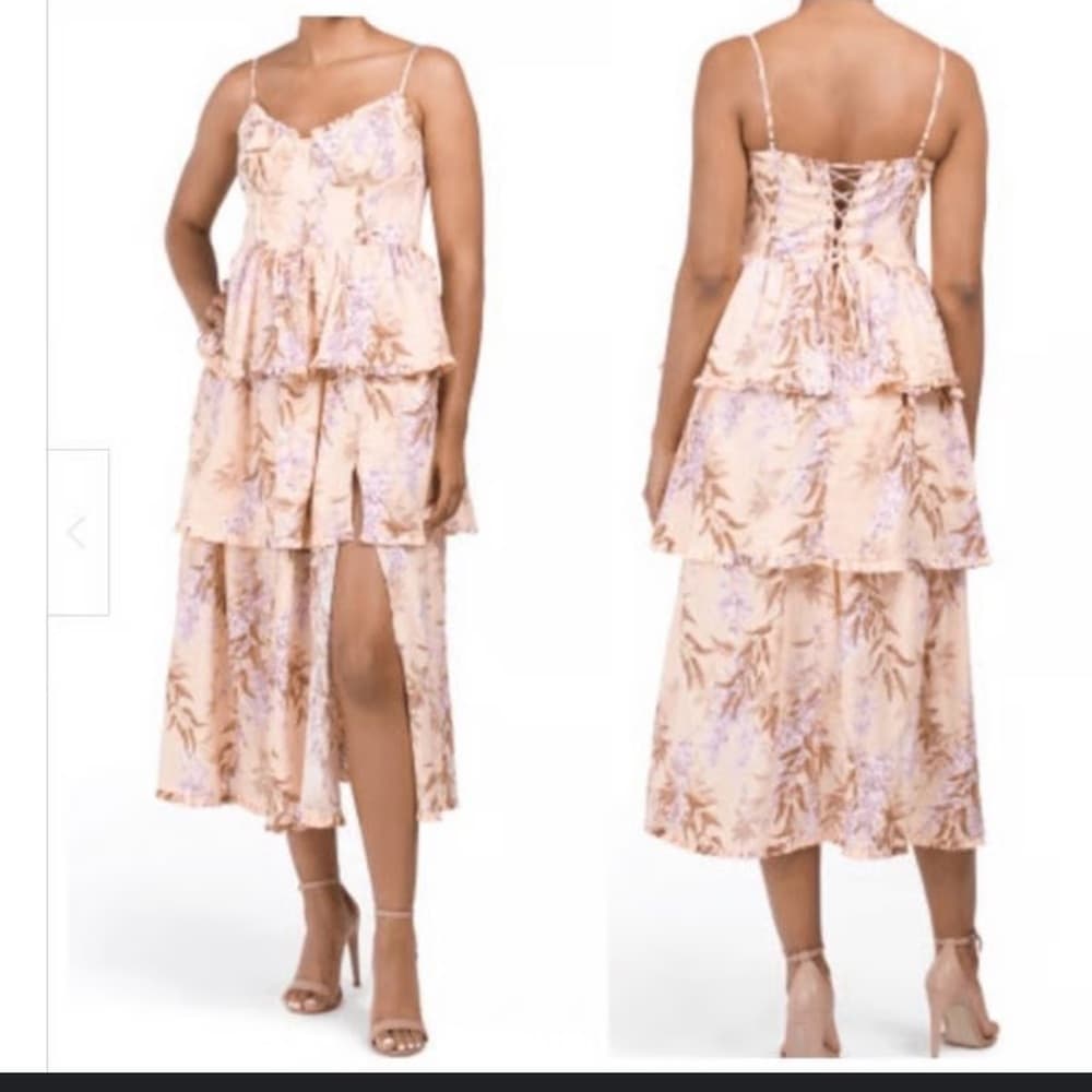 House of Harlow 1960 Floral Tiered Midi Dress in Cream and Purple medium - Thumbnail 5