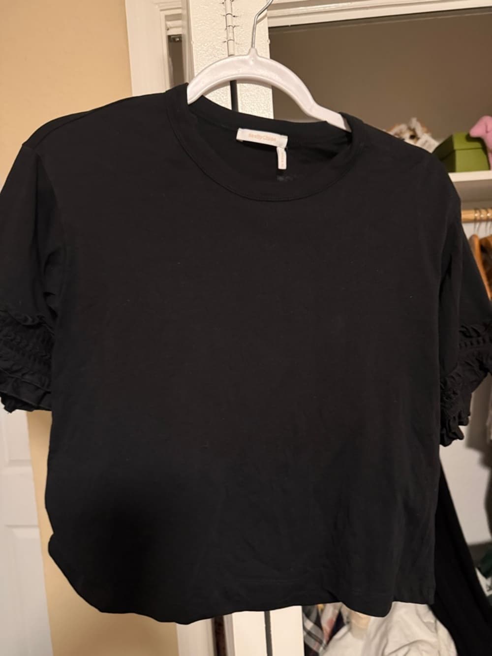 See By Chloe Black Short Sleeve Top with Smocked Ruffle Sleeves - Thumbnail 3