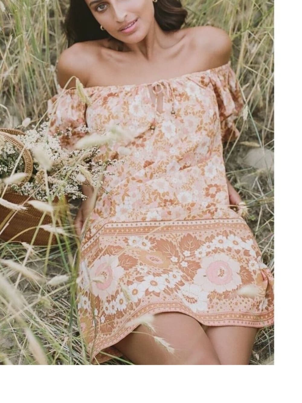 Spell Floral Tie-Front Mustard Yellow & Pink Anne off shoulder tunic dress s - Thumbnail 4