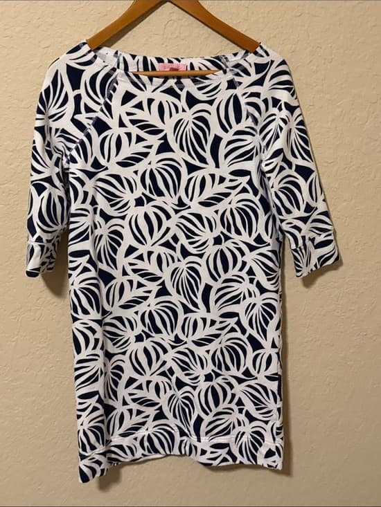 Lilly Pulitzer Navy & White Leaf-Print Shift Dress small stretch - Thumbnail 5