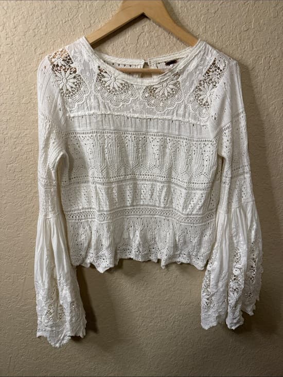 Free People White Crochet Lace Long Sleeve Top - Thumbnail 5