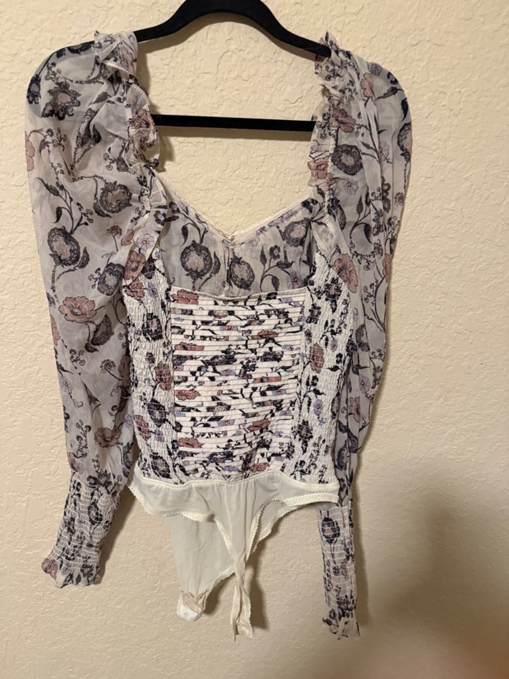 Floral Smocked Long-Sleeve Bodysuit - White with Dusty Rose & Navy Prints