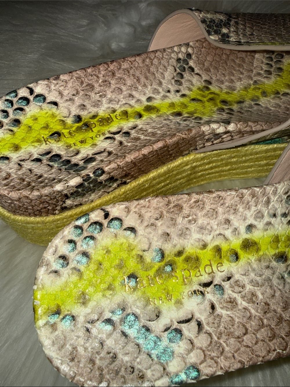 kate spade Neutral Snake-Print Slide Mules with Neon Lime Stripe