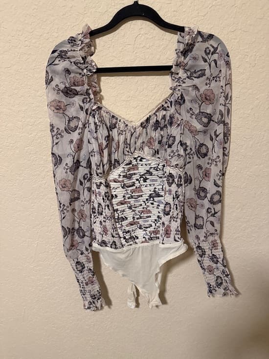 Floral Smocked Long-Sleeve Bodysuit - White with Dusty Rose & Navy Prints - Thumbnail 5