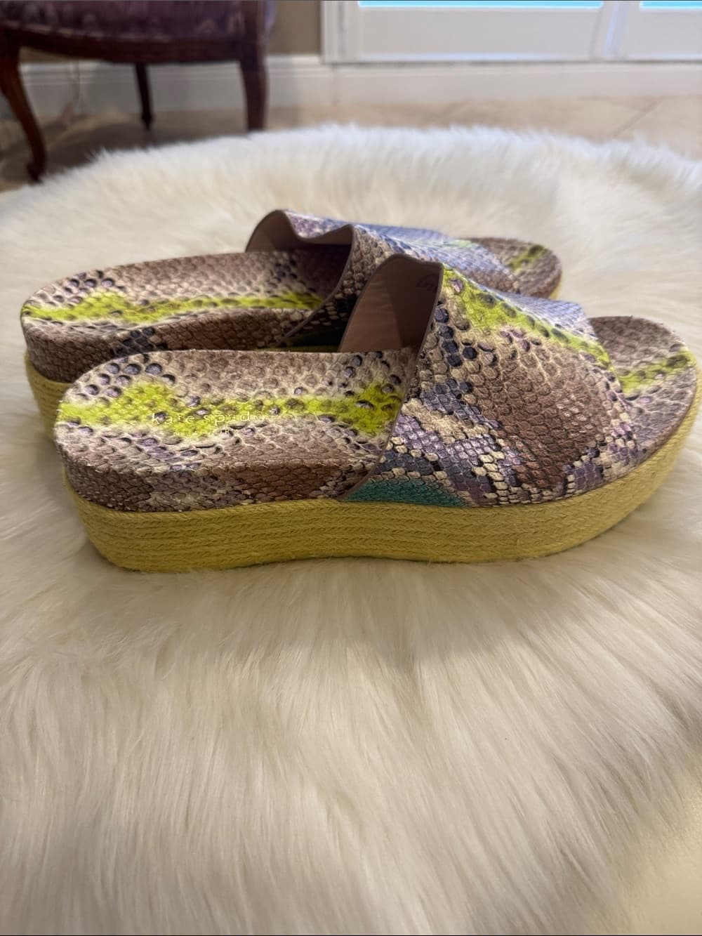 kate spade Neutral Snake-Print Slide Mules with Neon Lime Stripe - Thumbnail 2