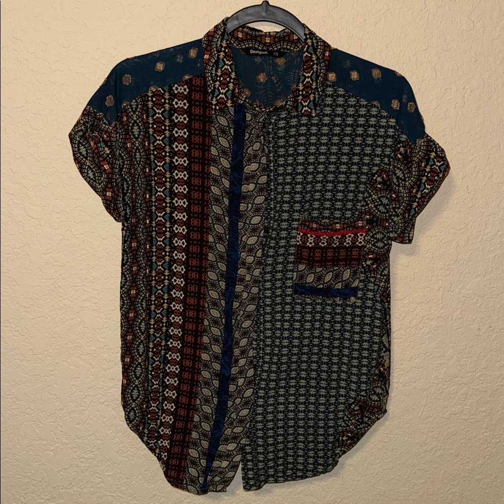 Desigual Navy Multi-Pattern Short-Sleeve Button-Down Shirt