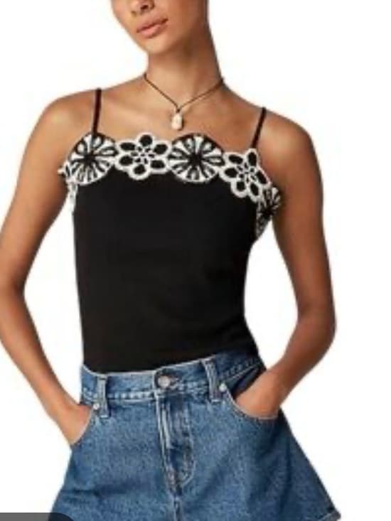 J. Crew Black Camisole with White Lace Floral Trim nwt large - Thumbnail 6