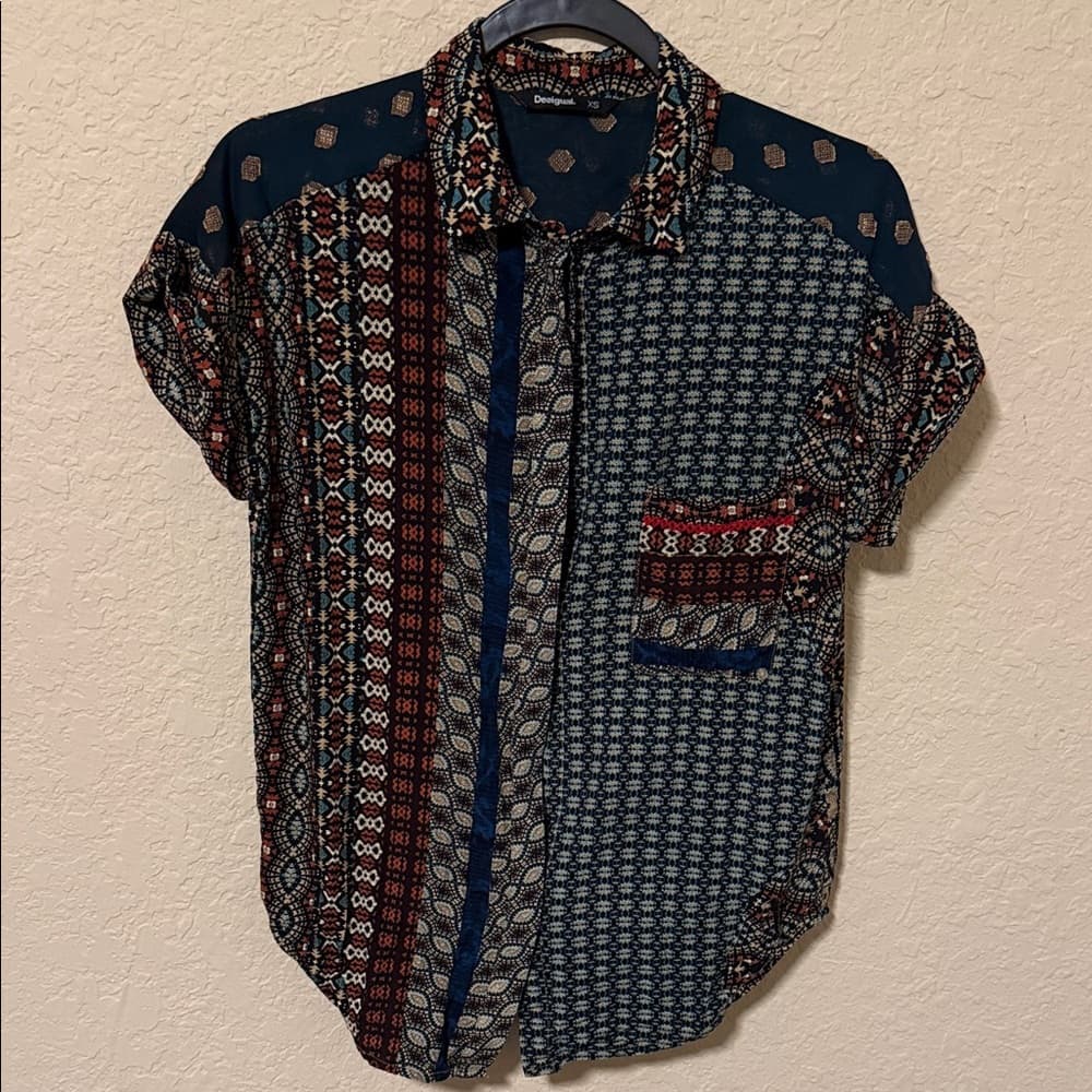 Desigual Navy Multi-Pattern Short-Sleeve Button-Down Shirt - Thumbnail 4
