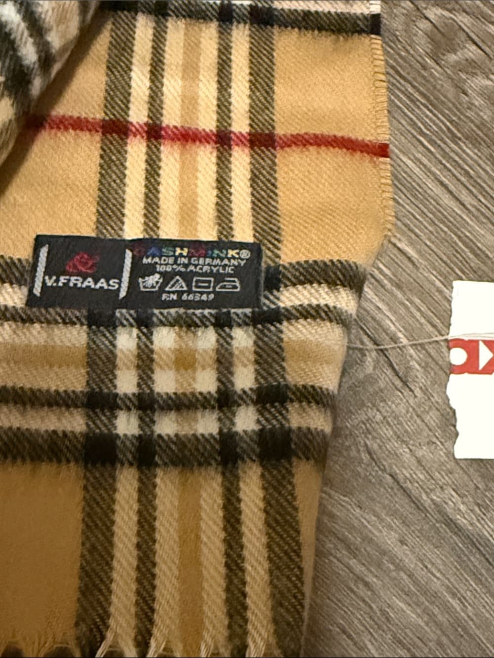 V. FRAAS Camel Plaid Scarf with Black & Red Accents nwt