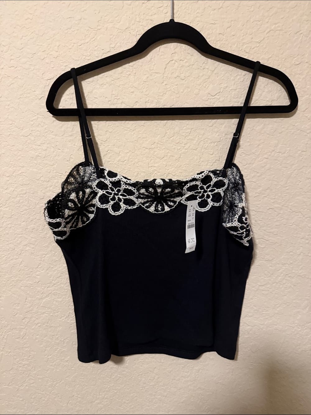 J. Crew Black Camisole with White Lace Floral Trim nwt large - Thumbnail 4