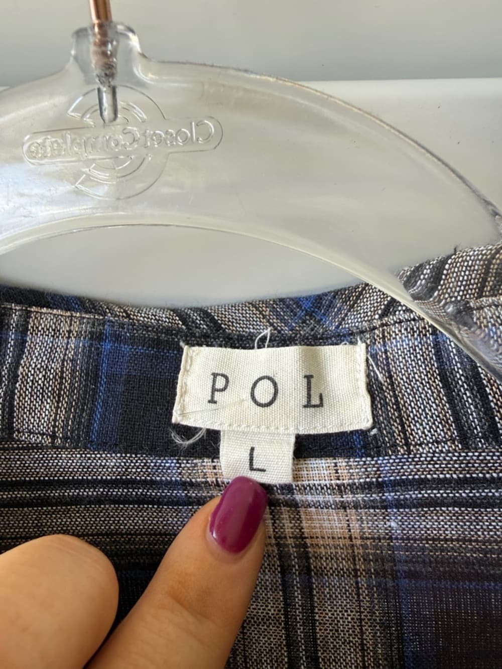 POL Women's Plaid Button-Up Blouse in Navy, Gray and Cream