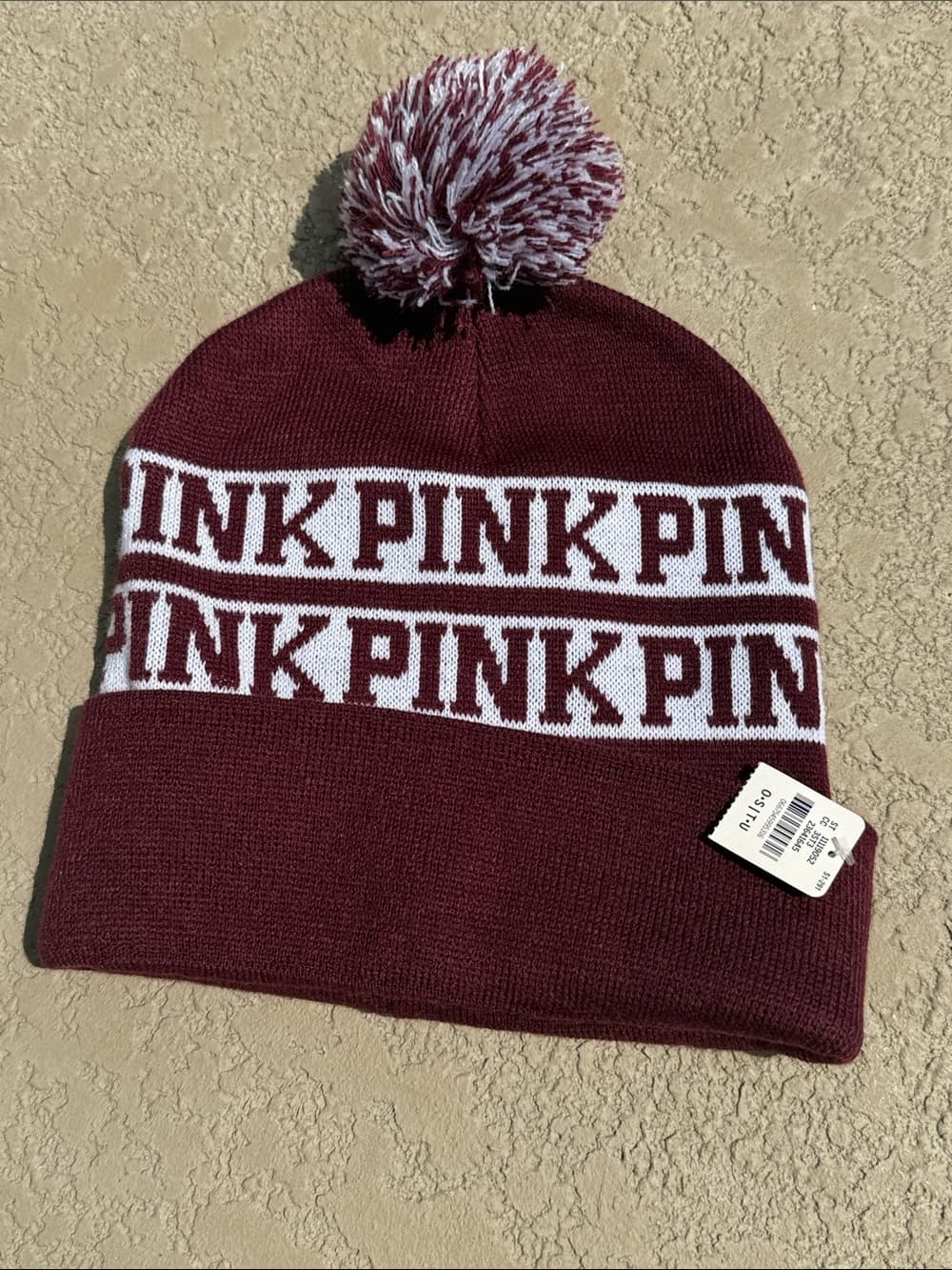 PINK Victoria's Secret Maroon and White Pom Beanie nwt - Thumbnail 2