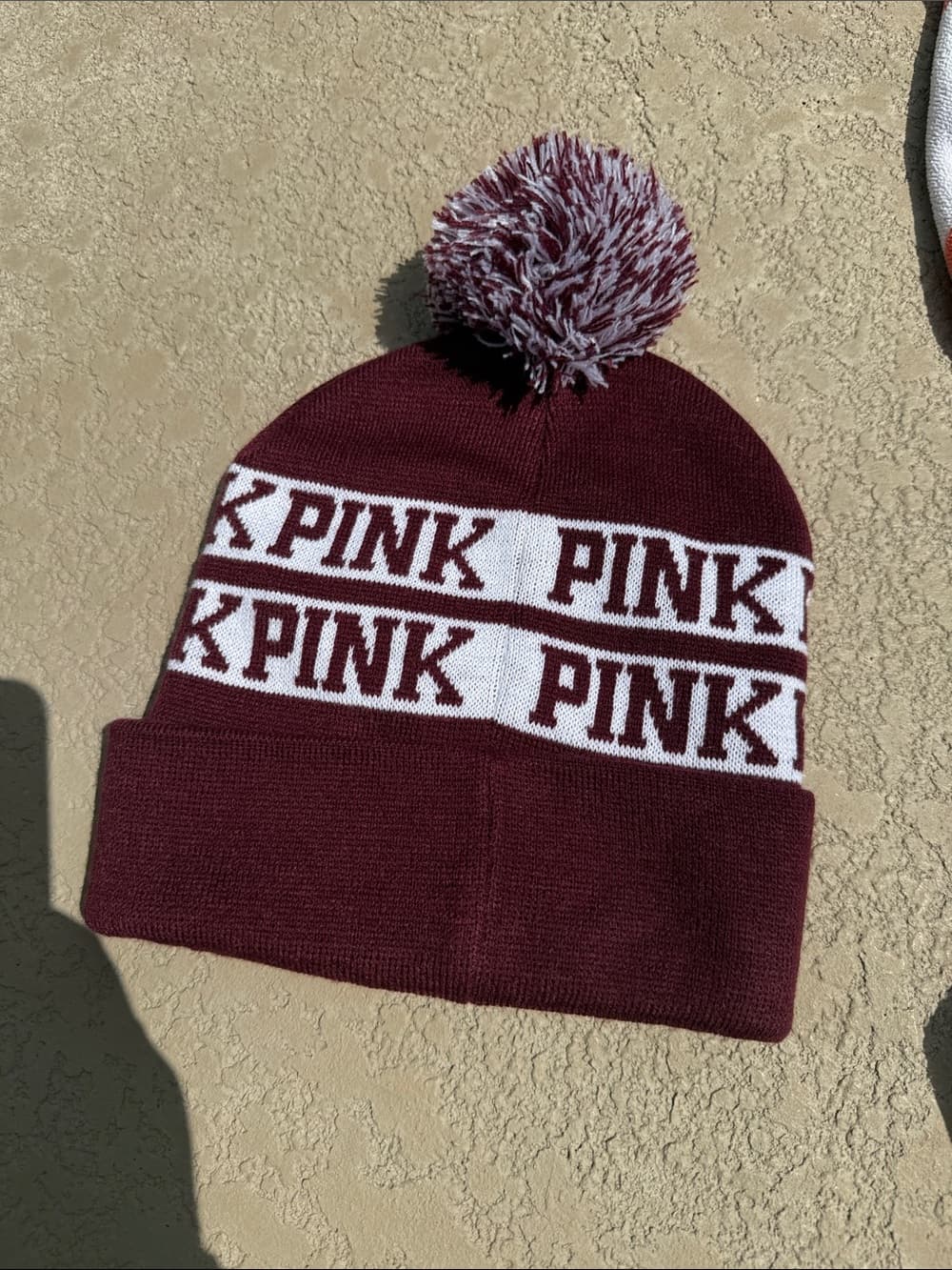 PINK Victoria's Secret Maroon and White Pom Beanie nwt
