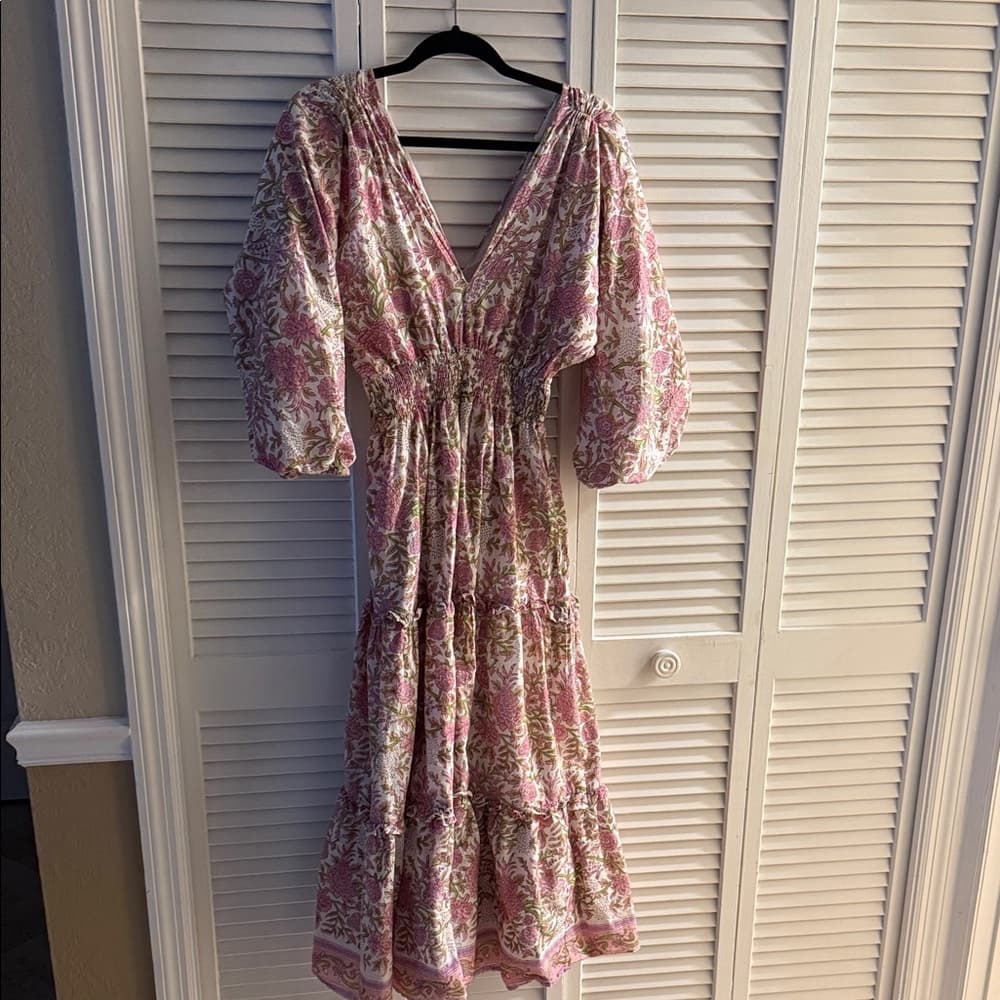Perry Walker Collective Floral Pink V-Neck Tiered Midi Dress size 1/small - Thumbnail 4