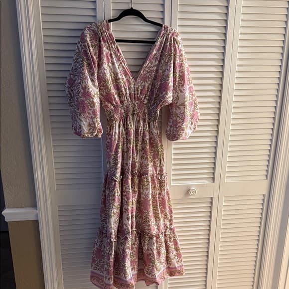 Perry Walker Collective Floral Pink V-Neck Tiered Midi Dress size 1/small - Thumbnail 5