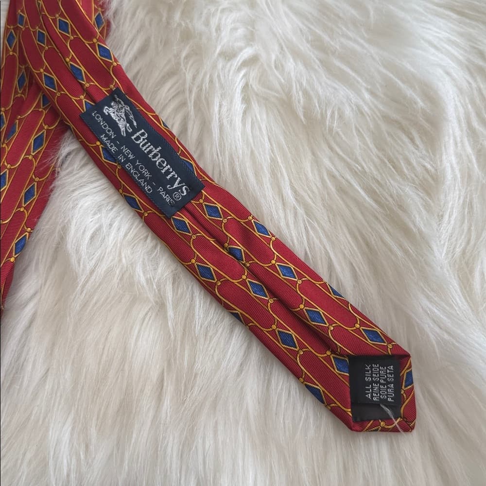 Burberry Vintage Red Geometric Silk Tie with Blue & Gold Accents