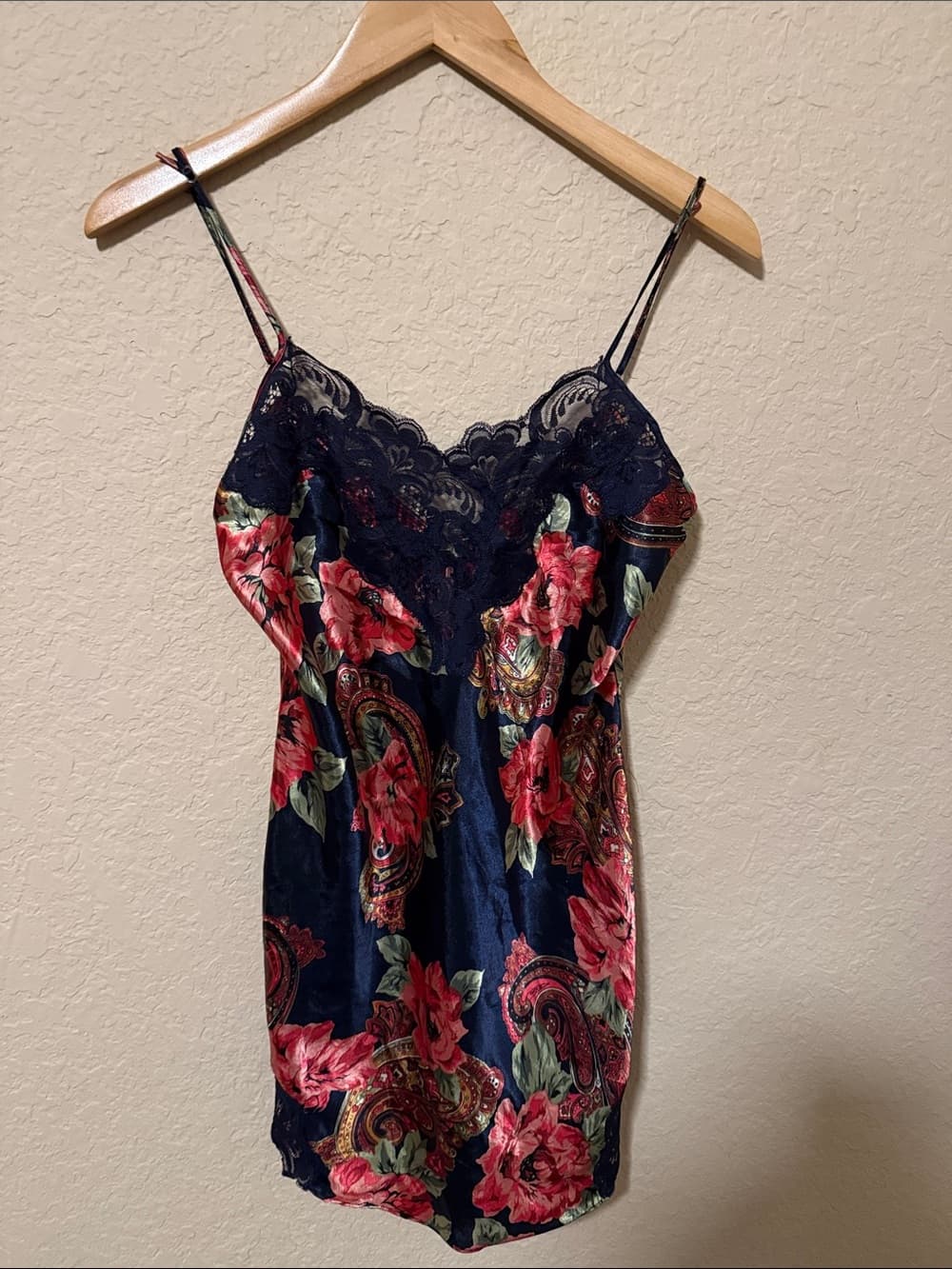 Vintage VS Floral Lace-Trim Navy Satin Cami gown