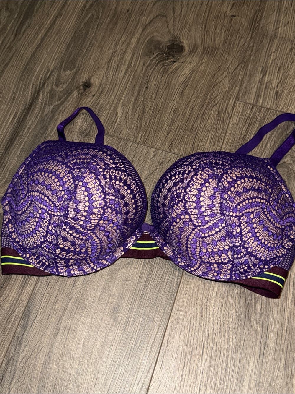 VS bombshell plunge Purple Lace Push-Up Bra with Striped Band 36C