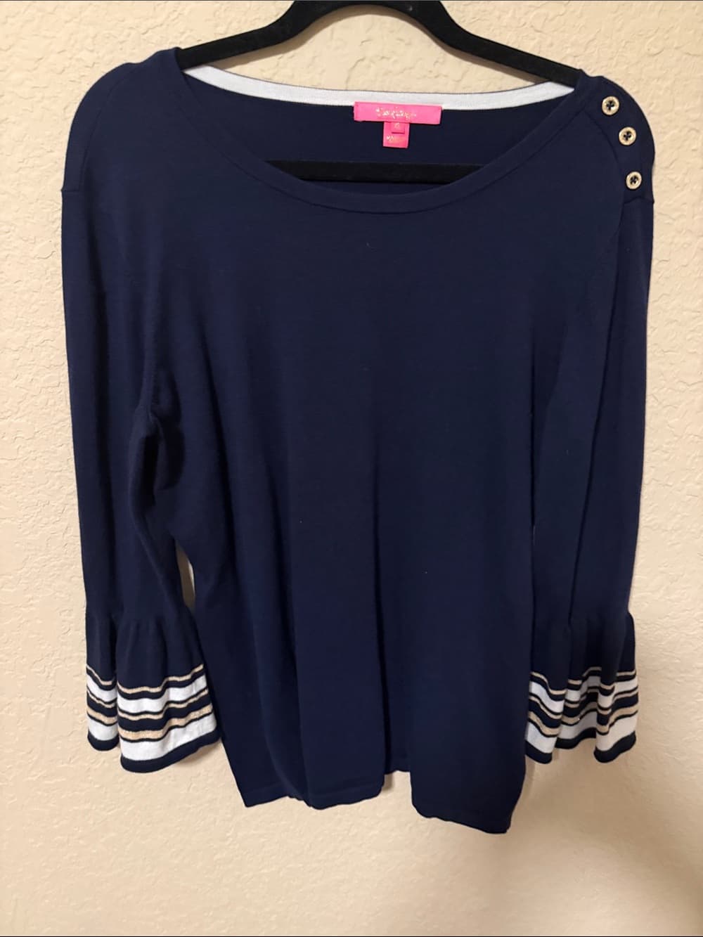 Lilly Pulitzer Navy Sweater with Cream Stripe Detail sweater contrast cuff xl - Thumbnail 5