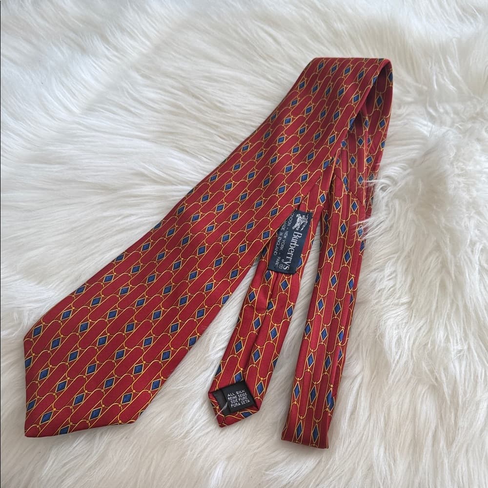 Burberry Vintage Red Geometric Silk Tie with Blue & Gold Accents - Thumbnail 3