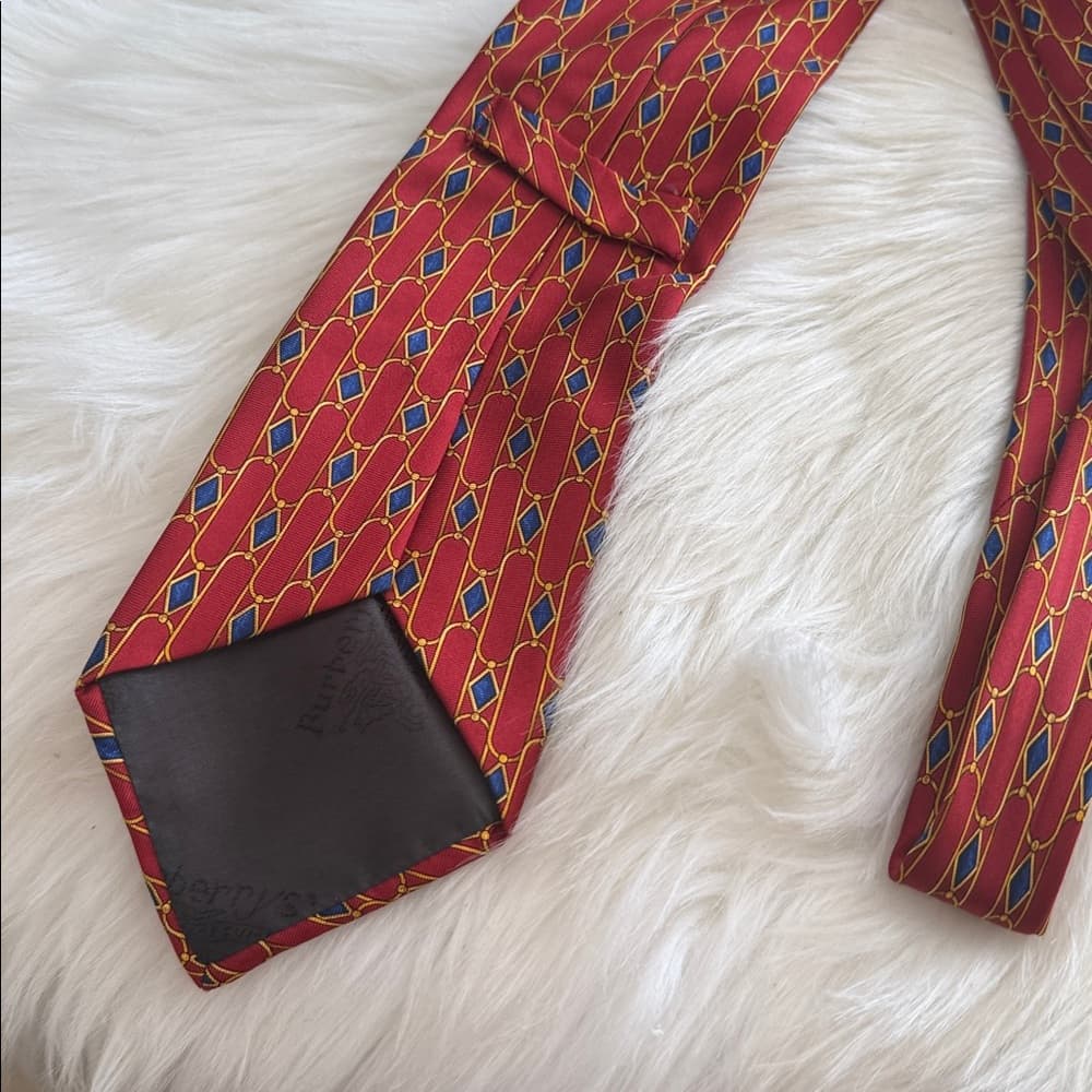 Burberry Vintage Red Geometric Silk Tie with Blue & Gold Accents - Thumbnail 2