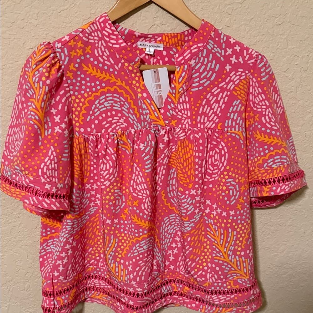 Mary Square Pink Patterned Puff-Sleeve Blouse nwt size small