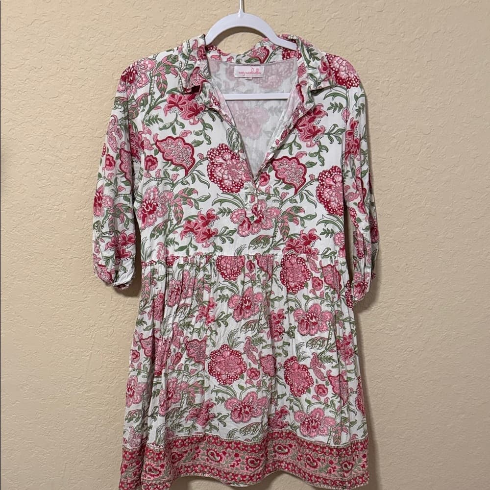 Mary Marshmallow Size Large Floral Mini Dress with Pink and Green Accents - Thumbnail 4