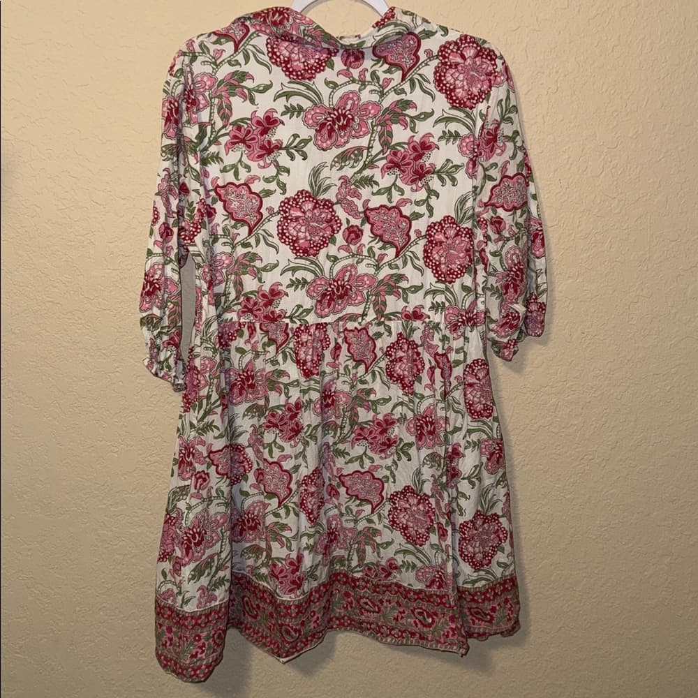Mary Marshmallow Size Large Floral Mini Dress with Pink and Green Accents - Thumbnail 3