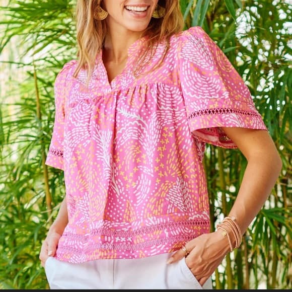 Mary Square Pink Patterned Puff-Sleeve Blouse nwt size small - Thumbnail 6