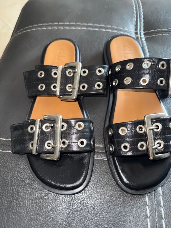 Giasone Black Double-Buckle Grommet Slide Sandals for Women size 37/6.5 - Thumbnail 5