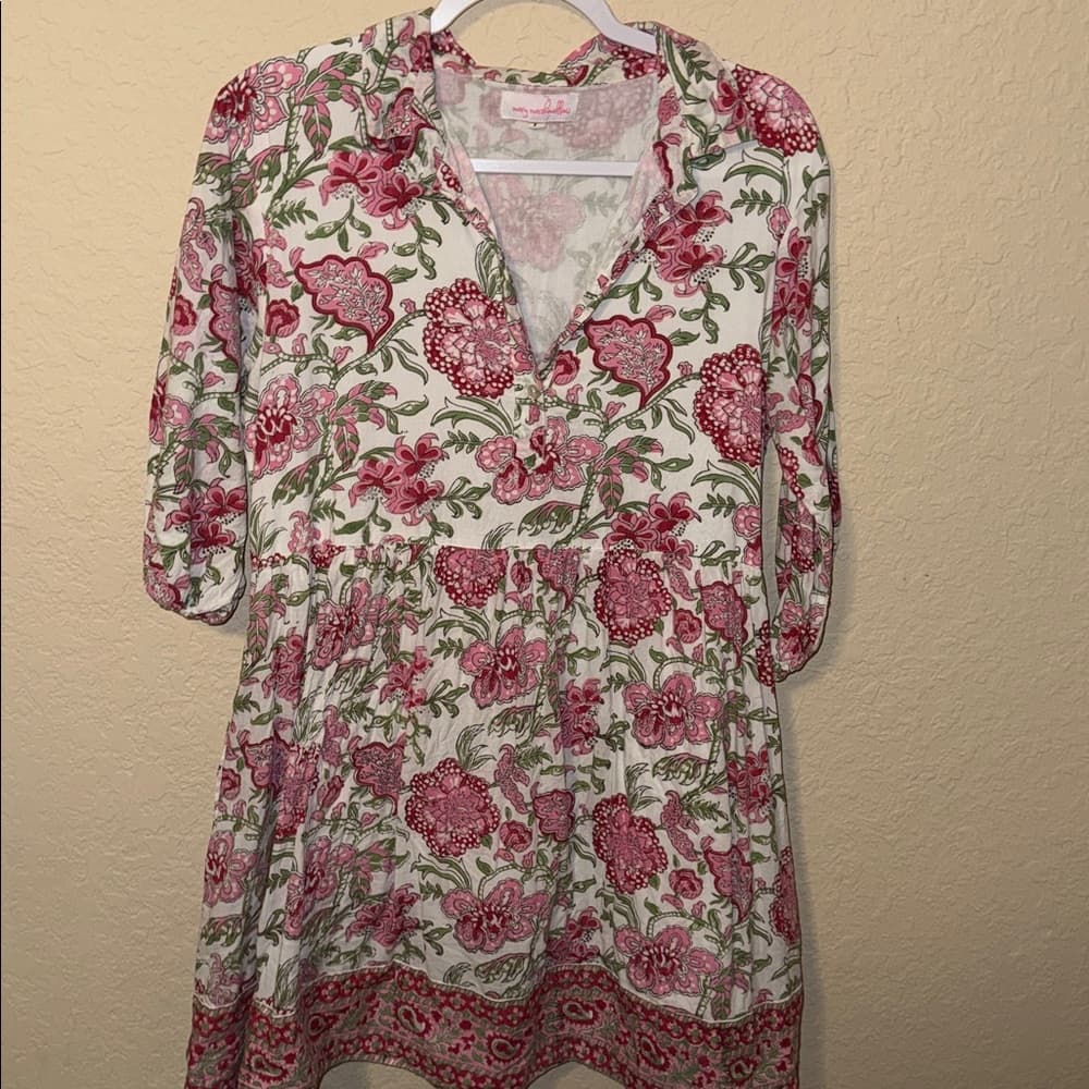 Mary Marshmallow Size Large Floral Mini Dress with Pink and Green Accents - Thumbnail 2