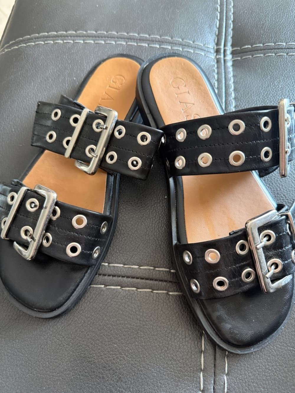 Giasone Black Double-Buckle Grommet Slide Sandals for Women size 37/6.5 - Thumbnail 2