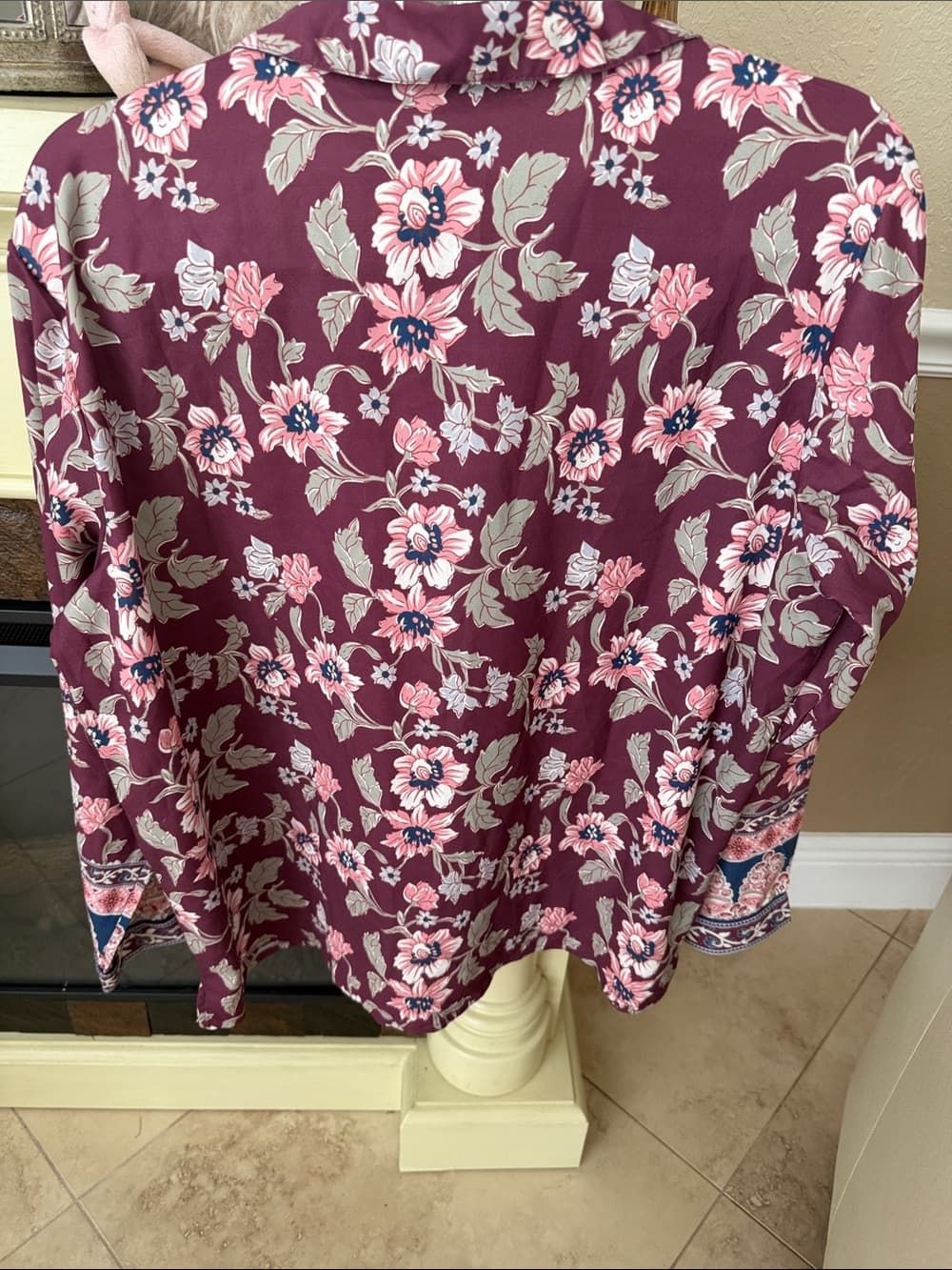 Tolani Burgundy Floral Button-Down Shirt with Pink Accents - Thumbnail 3