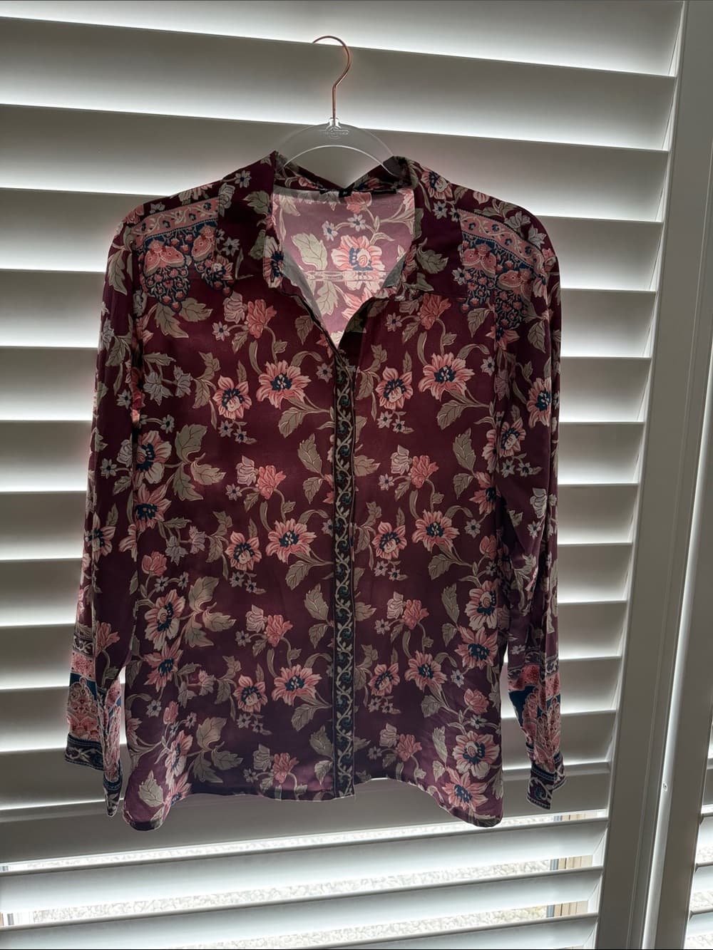 Tolani Burgundy Floral Button-Down Shirt with Pink Accents