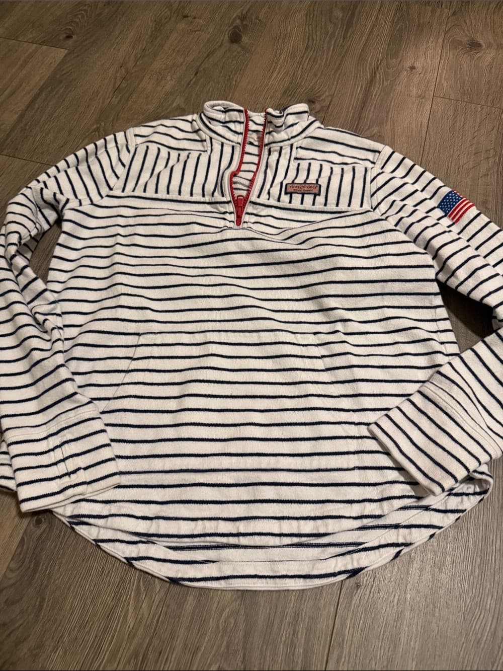 Vineyard Vines White Navy Striped Sweatshirt with Red Trim - Thumbnail 4