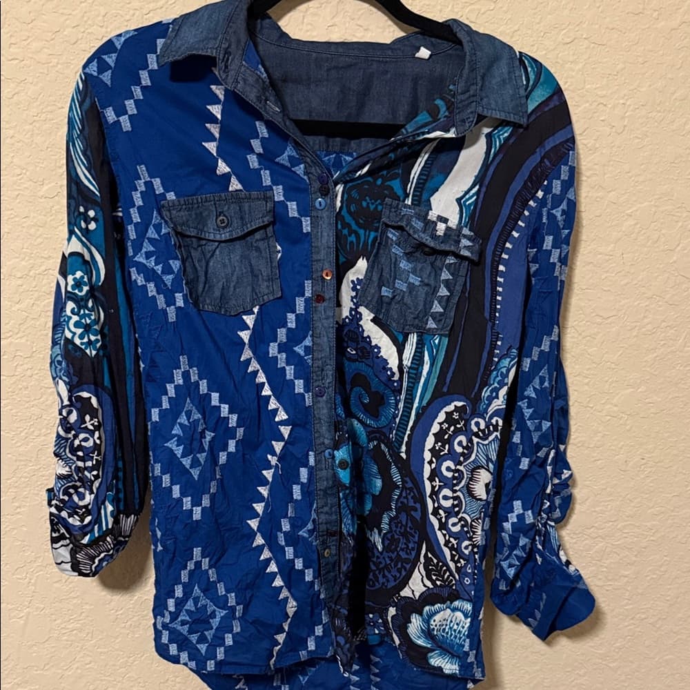 Desigual Blue Paisley & Geometric Button-Front Blouse - Thumbnail 3