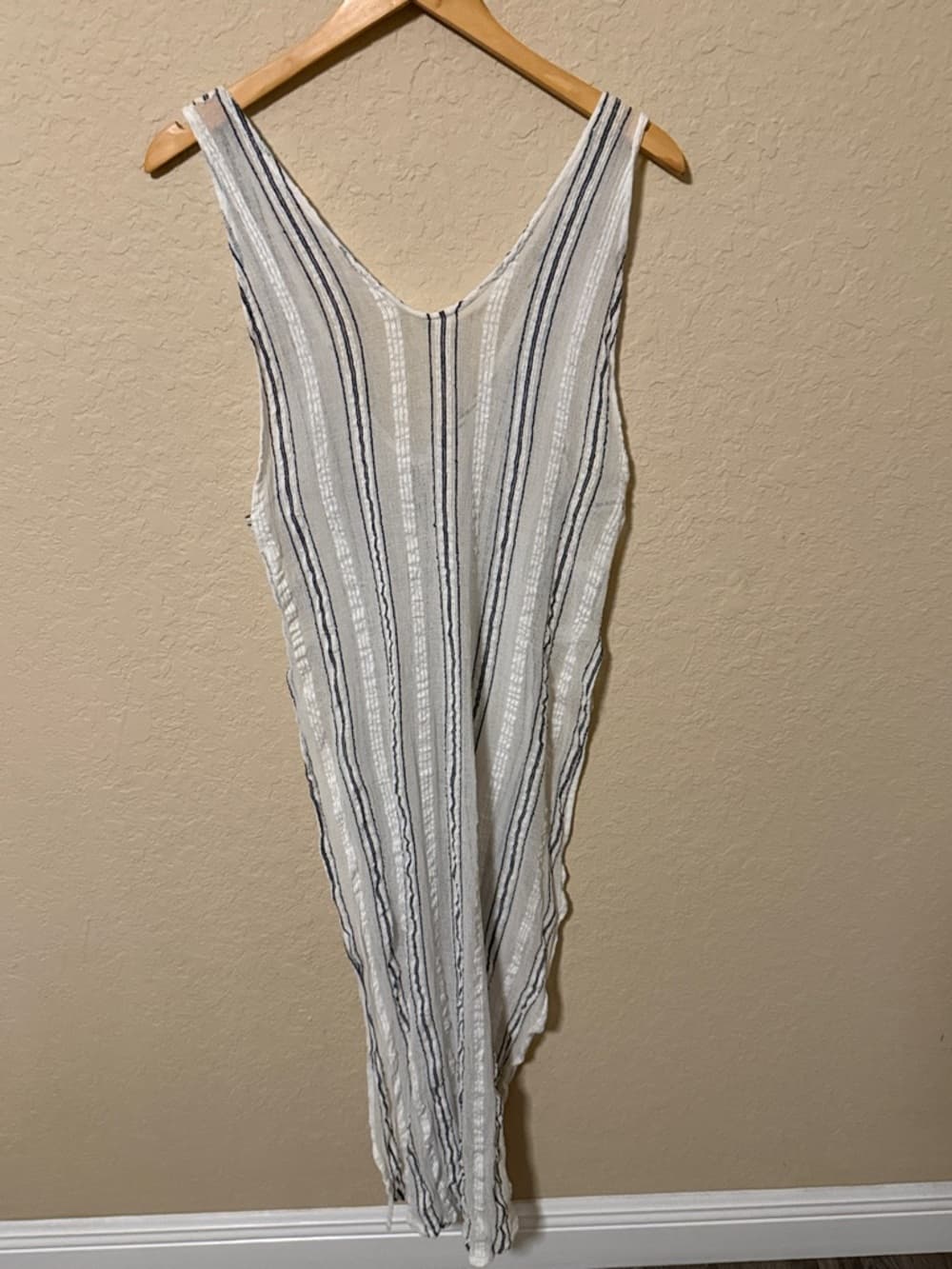 Vitamin A White and Navy Striped Lightweight Swim Coverup 19" pit to pit - Thumbnail 3