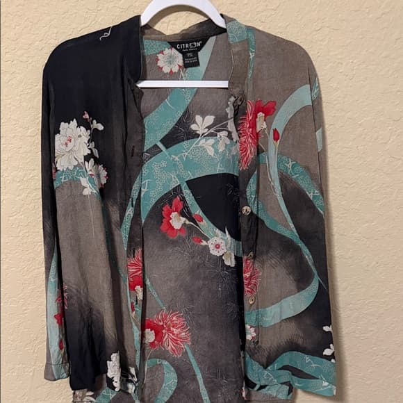 Citron Multicolor Floral Kimono blouse - Thumbnail 4
