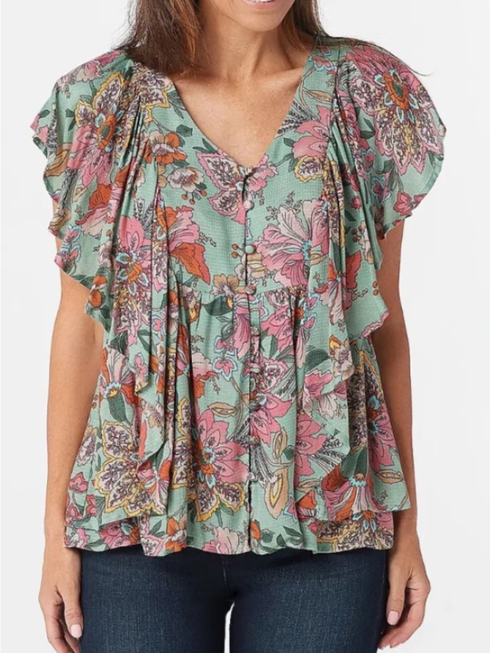 Haute Hippie Floral Puff-Sleeve Button-Front Top with Pink Floral plus size 1x - Thumbnail 4