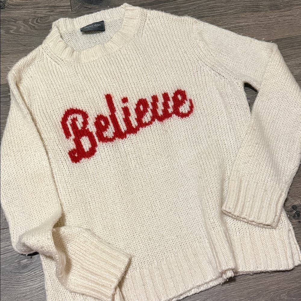 Wooden Ships Ivory Crewneck Sweater with Red 'Believe' Script size xs/small - Thumbnail 4