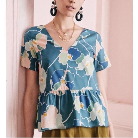 Sezane Floral Women's Top in Blue and Green european 40 - Thumbnail 6